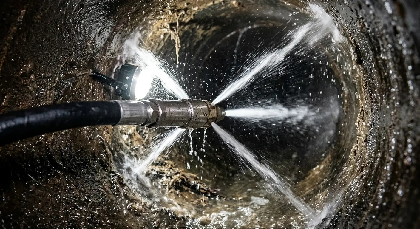 High-pressure hydro jetting nozzle cleaning sewer pipe for Storm Drain Cleaning in George Mason