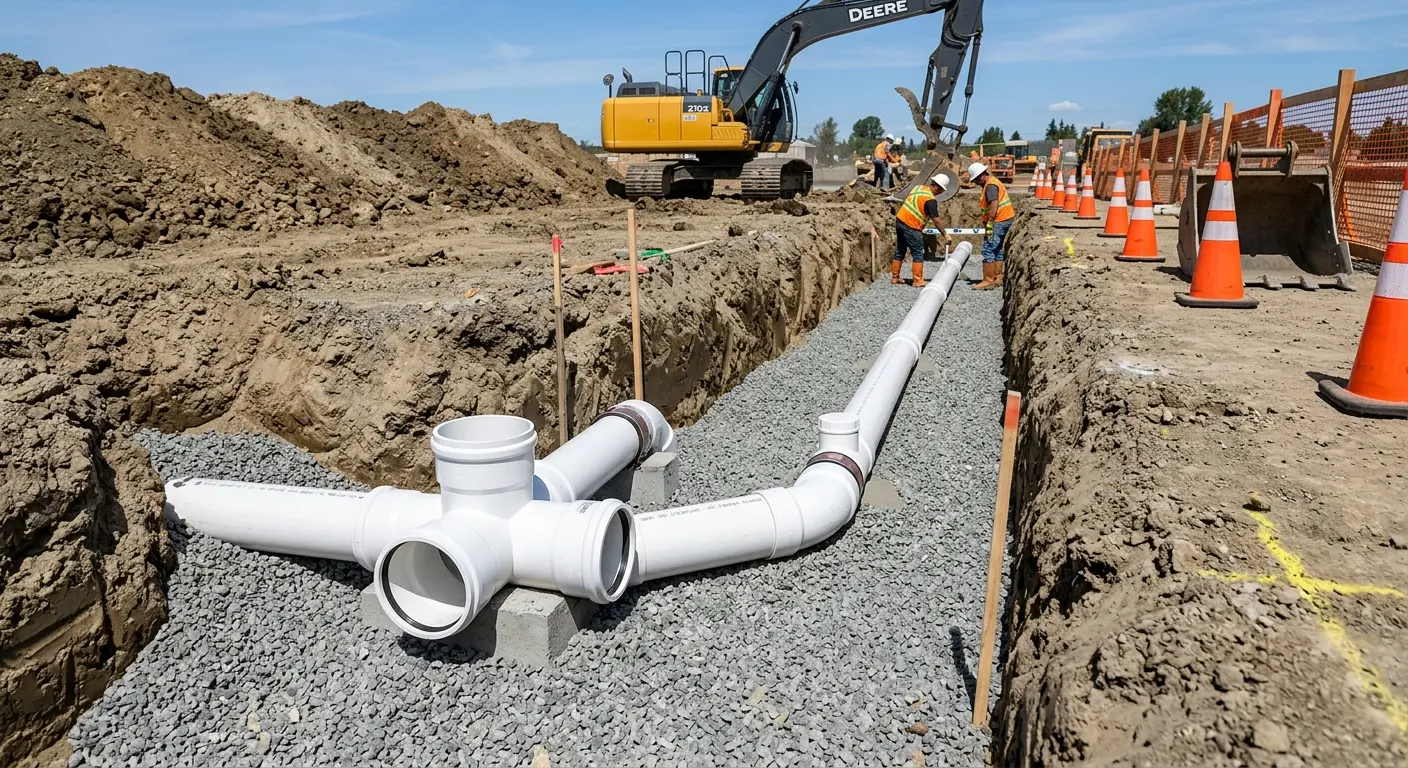 New PVC sewer pipe installation in open trench for Sewer Backup in George Mason