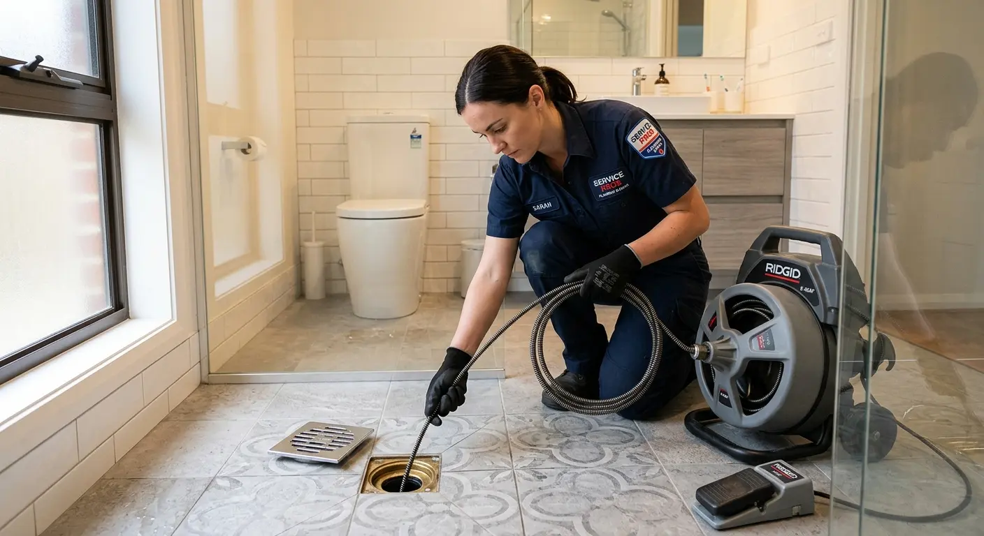 Technician clearing a bathroom floor drain for Drain Cleaning in George Mason